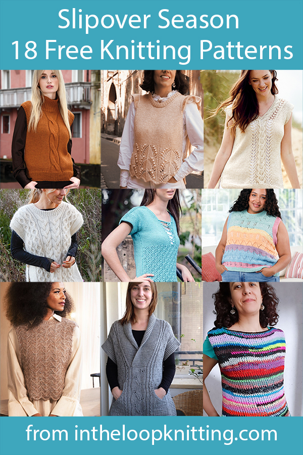 Free knitting patterns for vests and sleevess tops designed as slipovers. Many of the patterns are free.